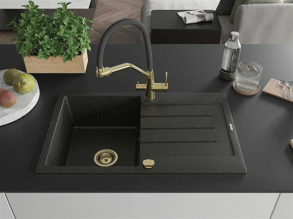 Granitinė virtuvinė plautuvė Mexen Bruno su maišytuvu ir sifonu, Metallic juodas/auksinis+Juodas/Gold