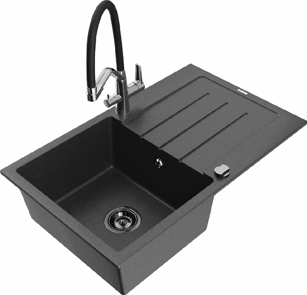 Granitinė virtuvinė plautuvė Mexen Bruno su maišytuvu ir sifonu, Juodas granite+Juodas/Chrome