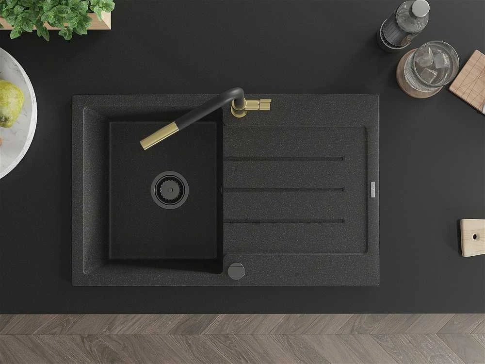 Granitinė virtuvinė plautuvė Mexen Bruno su maišytuvu ir sifonu, Juodas granite+Juodas/Gold