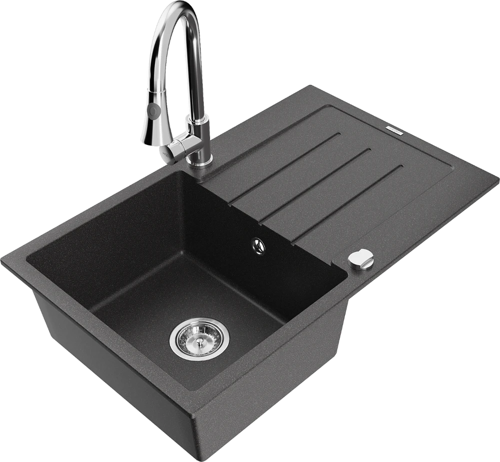 Granitinė virtuvinė plautuvė Mexen Bruno su maišytuvu ir sifonu, Juodas granite+Chrome