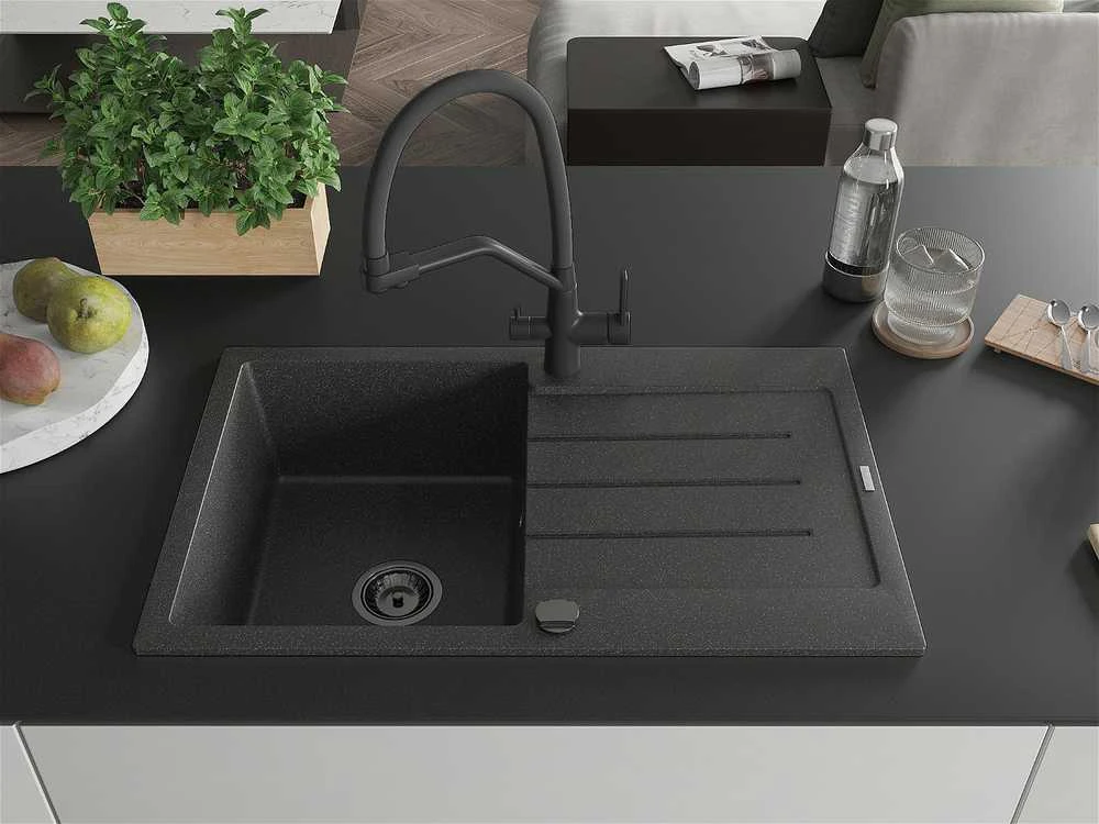Granitinė virtuvinė plautuvė Mexen Bruno su maišytuvu ir sifonu, Juodas granite+Juodas