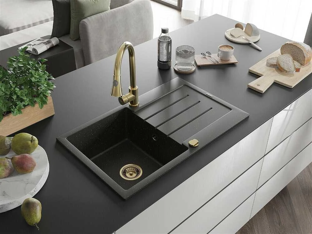 Granitinė virtuvinė plautuvė Mexen Bruno su maišytuvu ir sifonu, Metallic juodas/auksinis+Gold