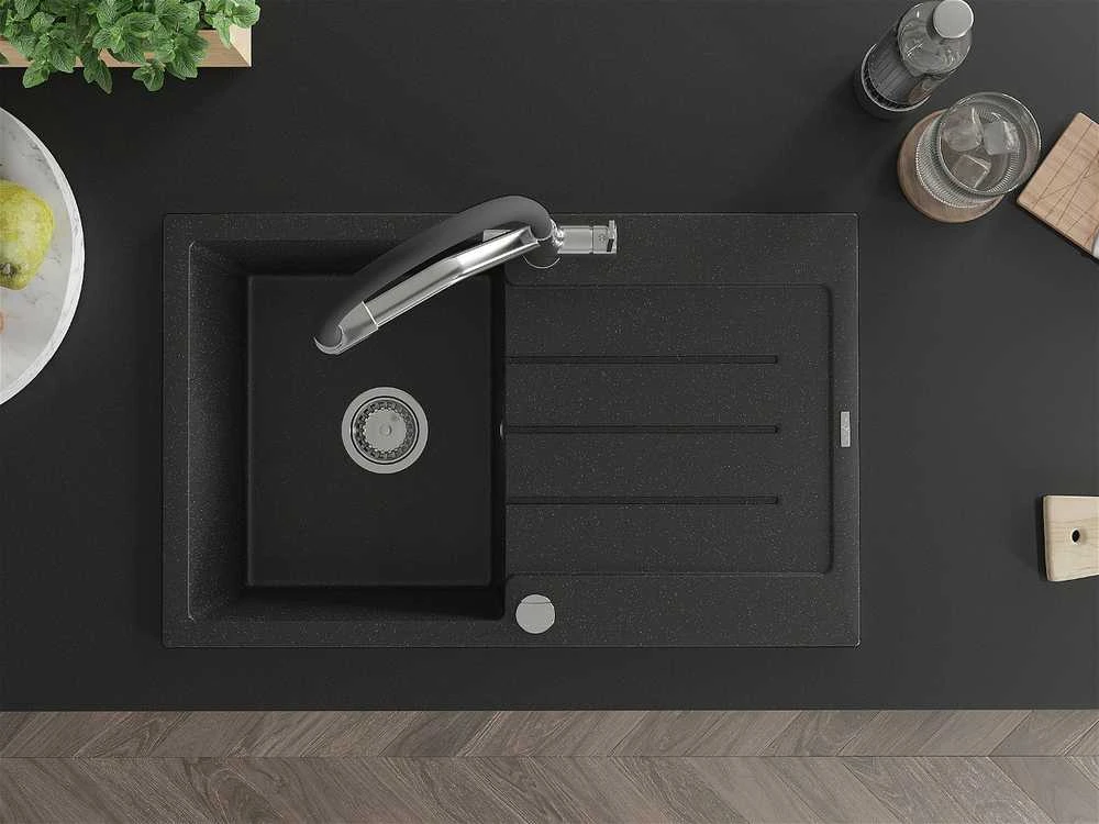 Granitinė virtuvinė plautuvė Mexen Bruno su maišytuvu ir sifonu, Metallic juodas/sidabrinis+Juodas/Chrome