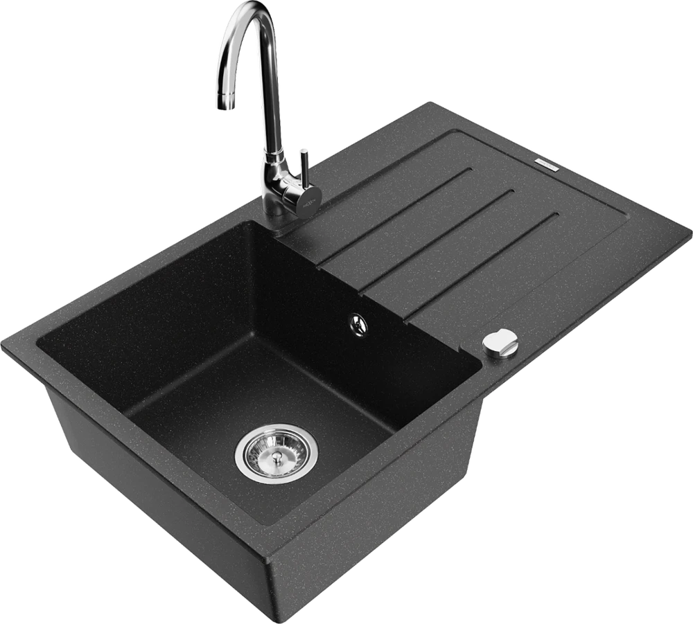Granitinė virtuvinė plautuvė Mexen Bruno su maišytuvu ir sifonu, Metallic juodas/sidabrinis+Chrome