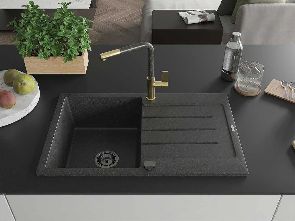 Granitinė virtuvinė plautuvė Mexen Bruno su maišytuvu ir sifonu, Juodas granite+Juodas granite/Gold