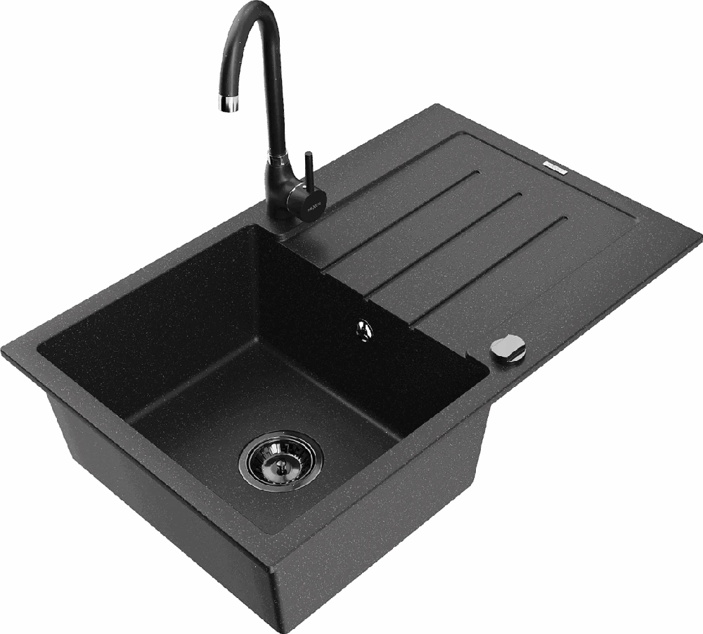 Granitinė virtuvinė plautuvė Mexen Bruno su maišytuvu ir sifonu, Metallic juodas/sidabrinis+Juodas