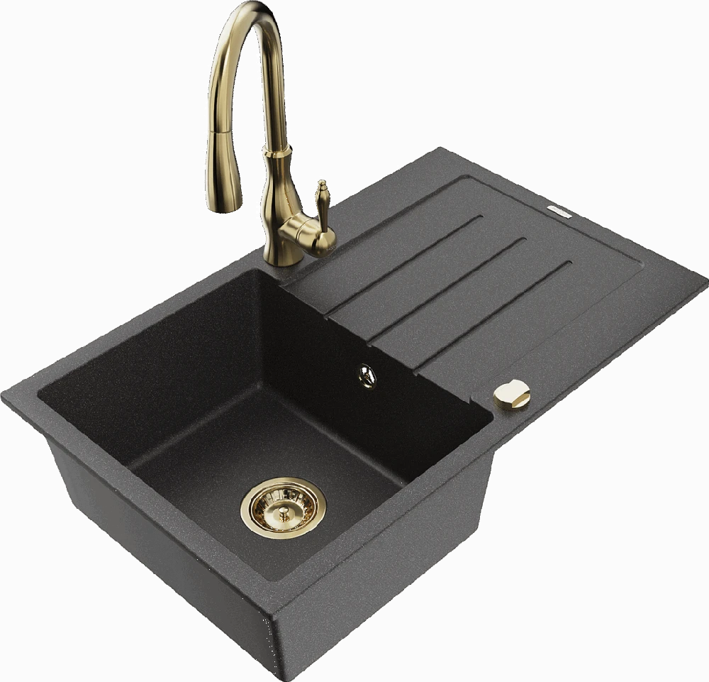 Granitinė virtuvinė plautuvė Mexen Bruno su maišytuvu ir sifonu, Juodas granite+Gold