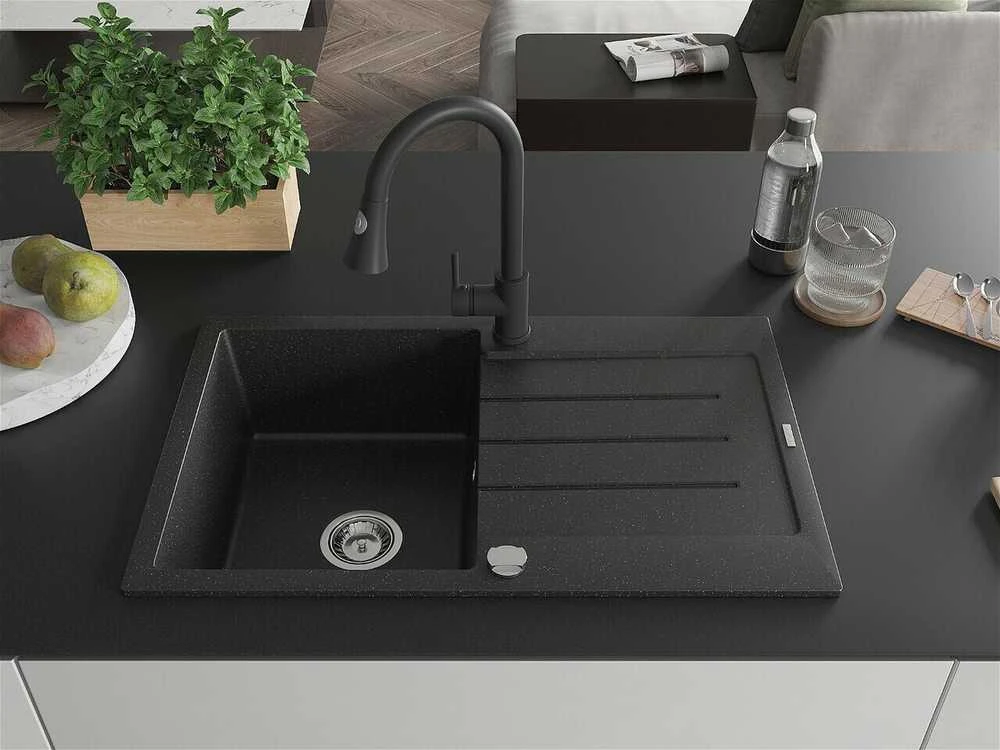 Granitinė virtuvinė plautuvė Mexen Bruno su maišytuvu ir sifonu, Metallic juodas/sidabrinis+Juodas