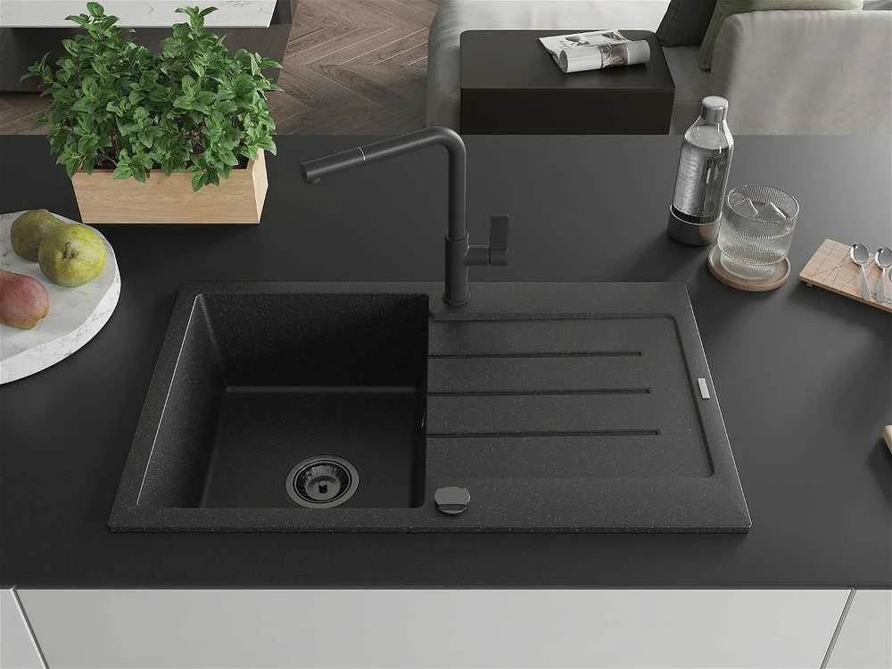 Granitinė virtuvinė plautuvė Mexen Bruno su maišytuvu ir sifonu, Metallic juodas/sidabrinis+Juodas