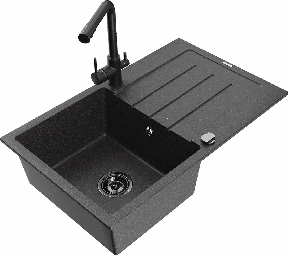 Granitinė virtuvinė plautuvė Mexen Bruno su maišytuvu ir sifonu, Juodas granite+Juodas