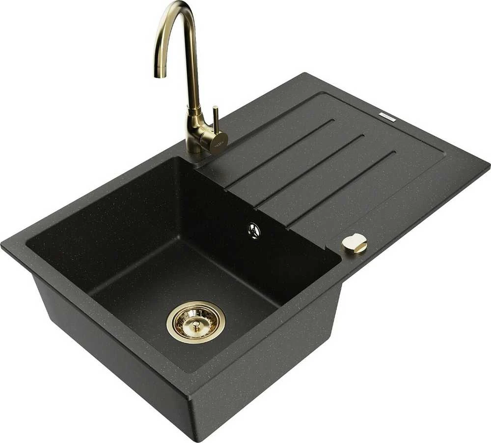 Granitinė virtuvinė plautuvė Mexen Bruno su maišytuvu ir sifonu, Metallic juodas/auksinis+Gold