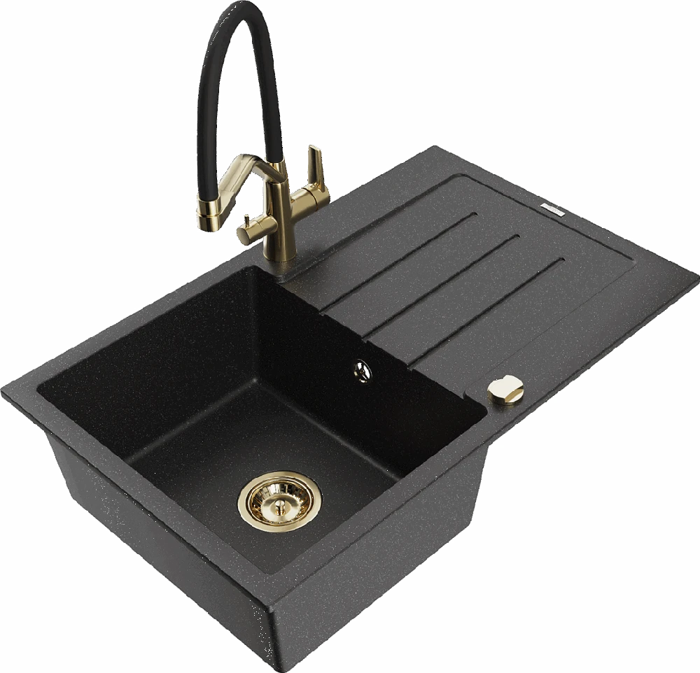 Granitinė virtuvinė plautuvė Mexen Bruno su maišytuvu ir sifonu, Metallic juodas/sidabrinis+Juodas/Gold