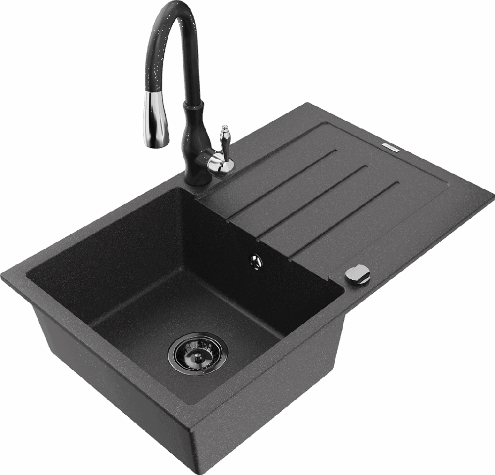 Granitinė virtuvinė plautuvė Mexen Bruno su maišytuvu ir sifonu, Juodas granite+Juodas