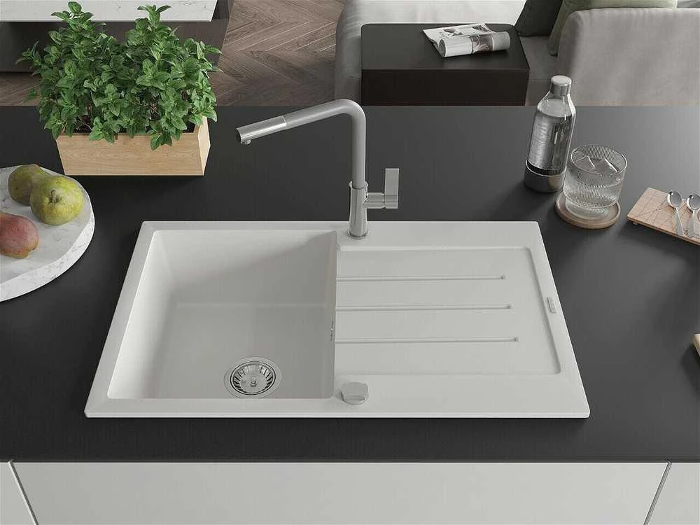 Granitinė virtuvinė plautuvė Mexen Bruno su maišytuvu ir sifonu, Baltas+Pilkas/Chrome