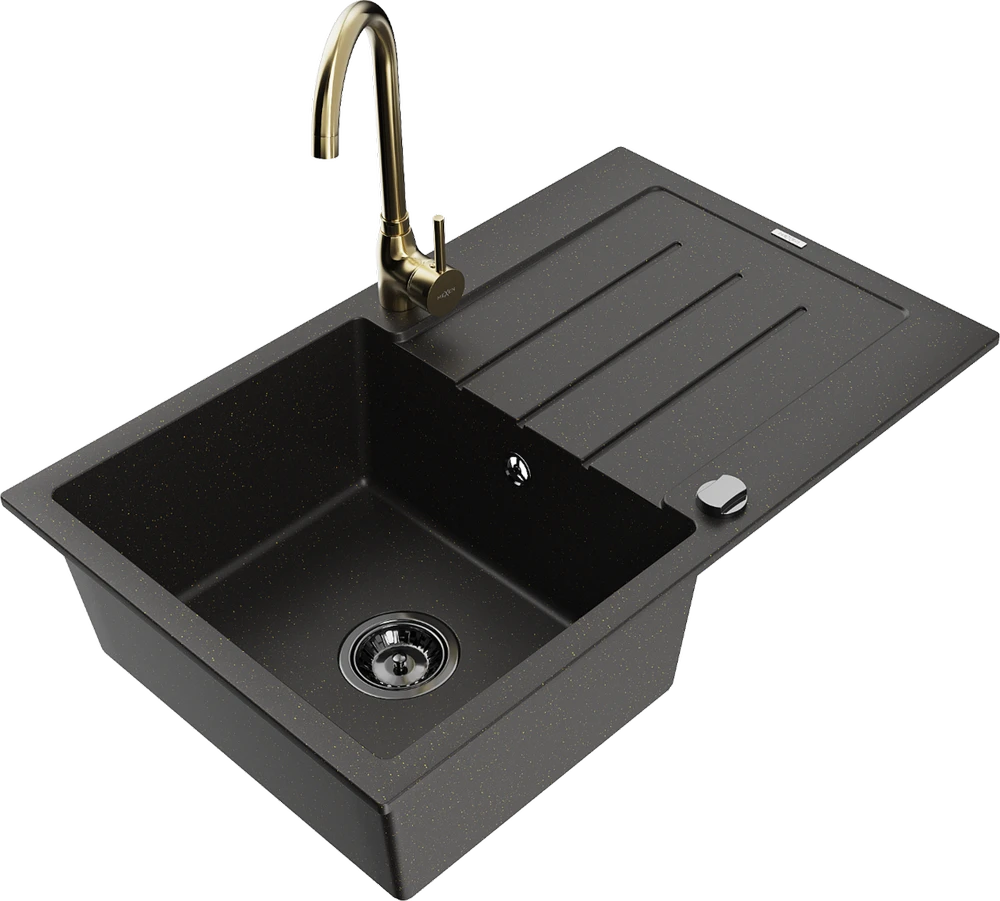 Granitinė virtuvinė plautuvė Mexen Bruno su maišytuvu ir sifonu, Metallic juodas/auksinis+Gold