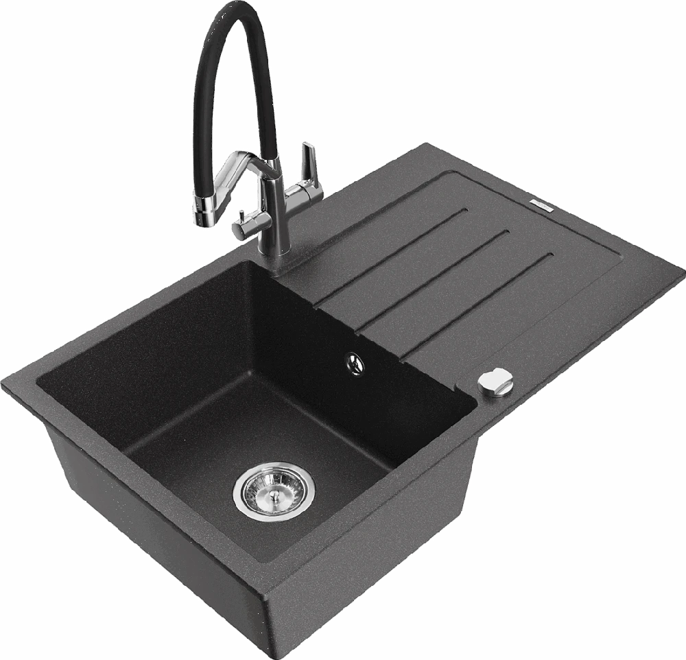 Granitinė virtuvinė plautuvė Mexen Bruno su maišytuvu ir sifonu, Juodas granite+Juodas/Chrome