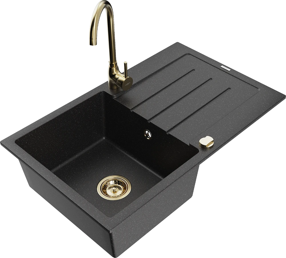 Granitinė virtuvinė plautuvė Mexen Bruno su maišytuvu ir sifonu, Metallic juodas/sidabrinis+Gold