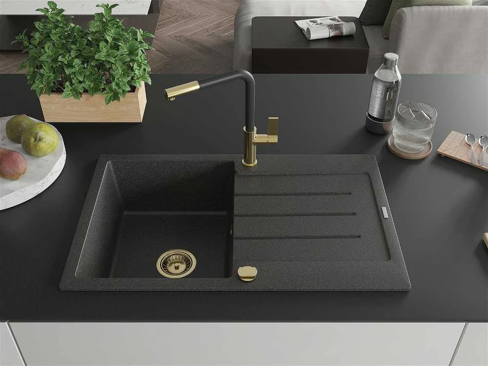 Granitinė virtuvinė plautuvė Mexen Bruno su maišytuvu ir sifonu, Juodas granite+Juodas/Gold