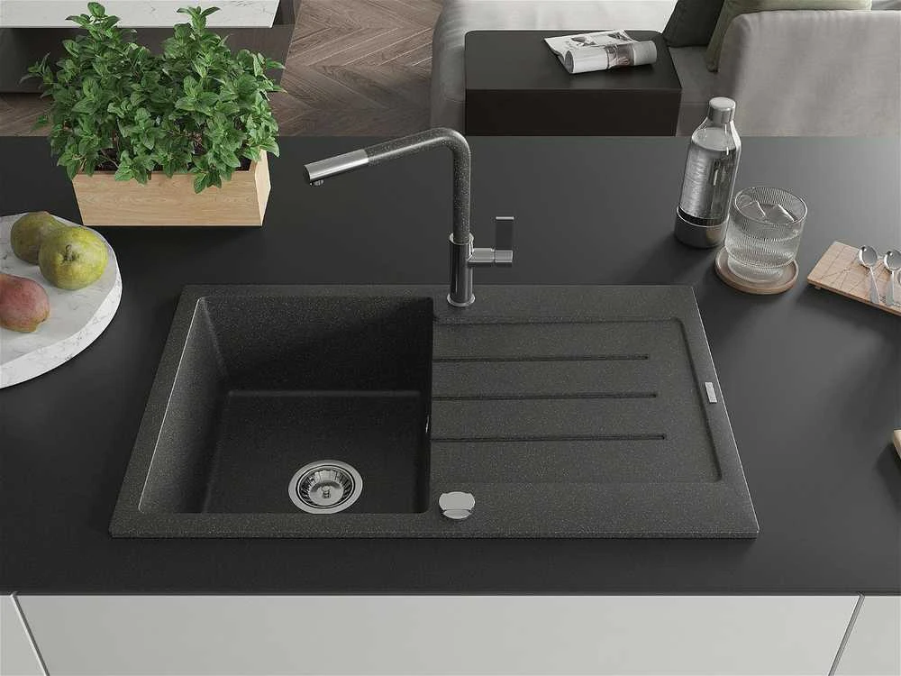 Granitinė virtuvinė plautuvė Mexen Bruno su maišytuvu ir sifonu, Juodas granite+Juodas granite/Chrome
