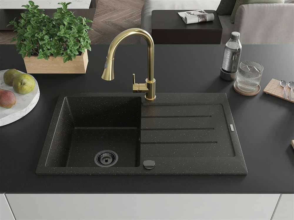 Granitinė virtuvinė plautuvė Mexen Bruno su maišytuvu ir sifonu, Metallic juodas/auksinis+Gold