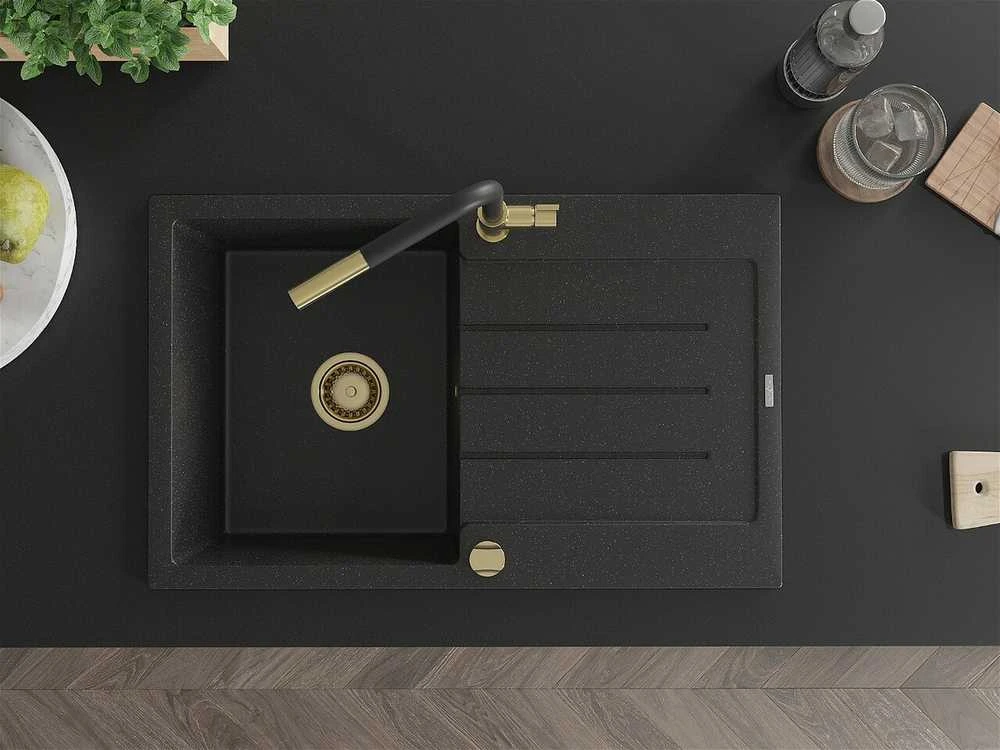 Granitinė virtuvinė plautuvė Mexen Bruno su maišytuvu ir sifonu, Metallic juodas/sidabrinis+Juodas/Gold