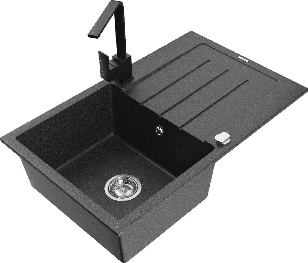 Granitinė virtuvinė plautuvė Mexen Bruno su maišytuvu ir sifonu, Juodas granite+Juodas