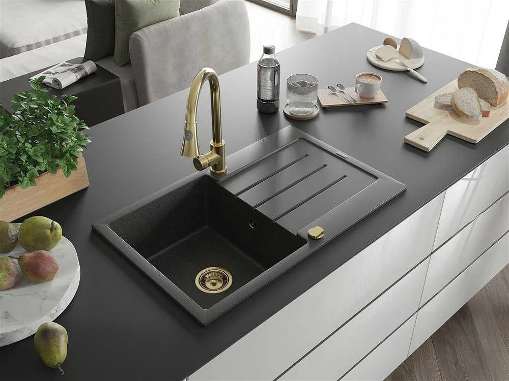 Granitinė virtuvinė plautuvė Mexen Bruno su maišytuvu ir sifonu, Juodas granite+Gold