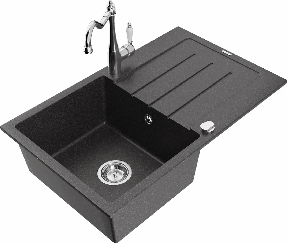 Granitinė virtuvinė plautuvė Mexen Bruno su maišytuvu ir sifonu, Juodas granite+Chrome