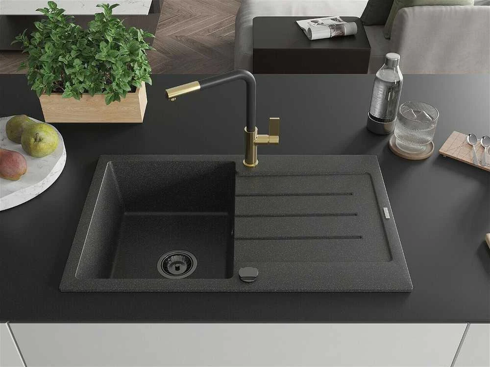 Granitinė virtuvinė plautuvė Mexen Bruno su maišytuvu ir sifonu, Juodas granite+Juodas/Gold