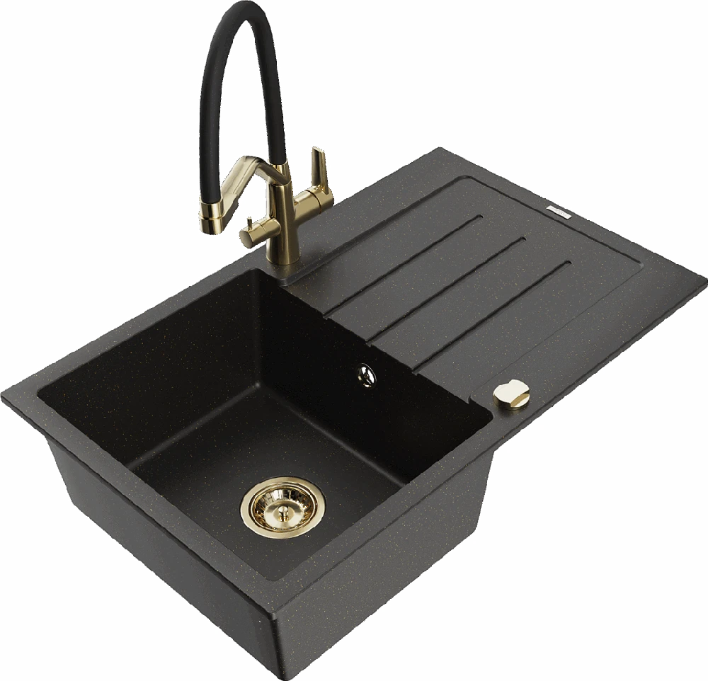 Granitinė virtuvinė plautuvė Mexen Bruno su maišytuvu ir sifonu, Metallic juodas/auksinis+Juodas/Gold