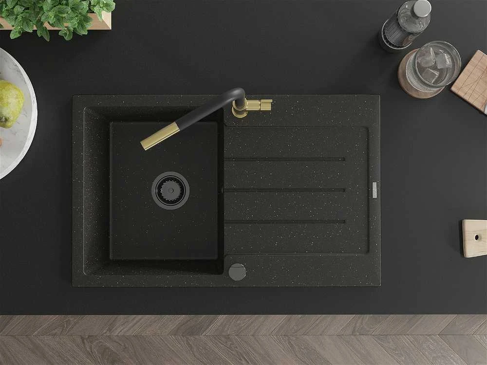 Granitinė virtuvinė plautuvė Mexen Bruno su maišytuvu ir sifonu, Metallic juodas/auksinis+Juodas/Gold