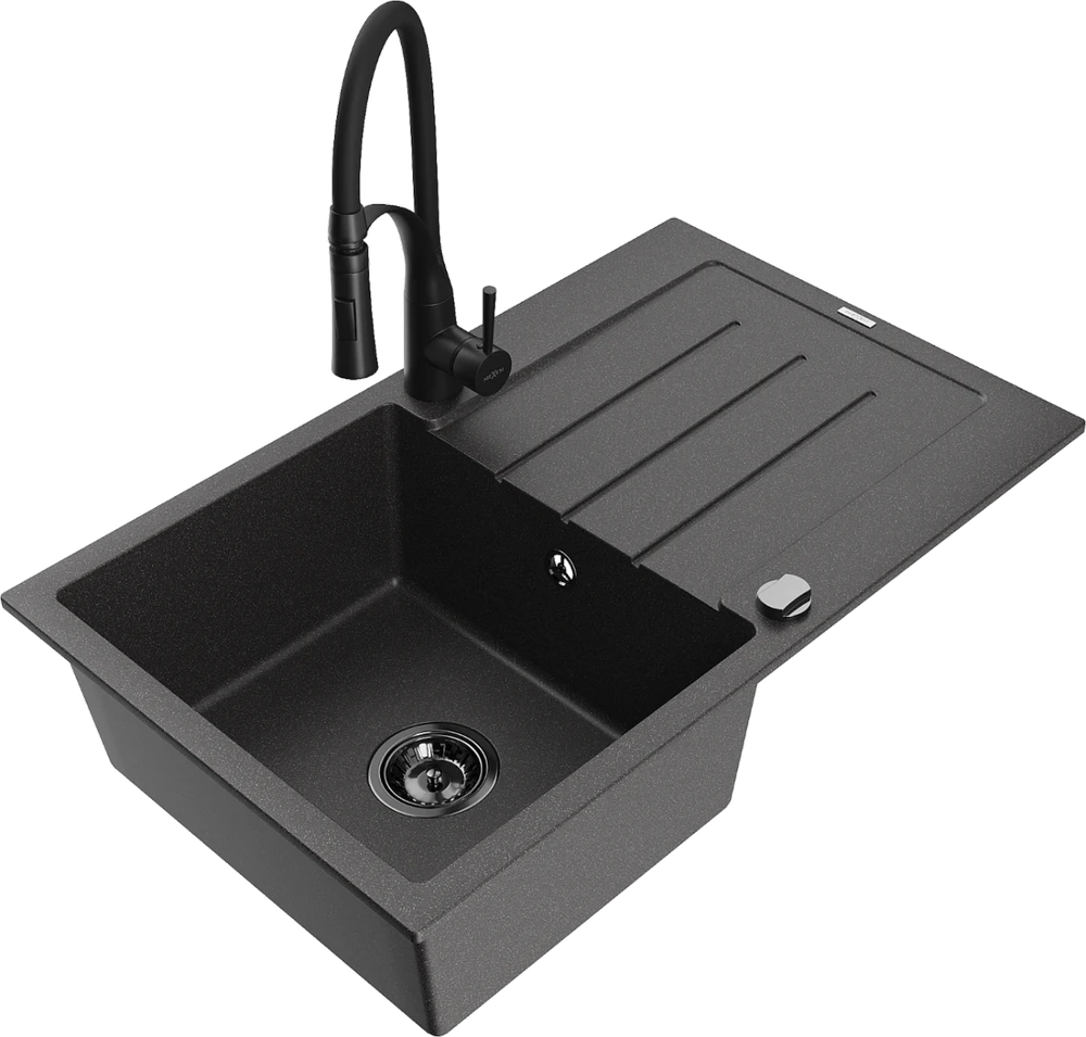 Granitinė virtuvinė plautuvė Mexen Bruno su maišytuvu ir sifonu, Juodas granite+Juodas