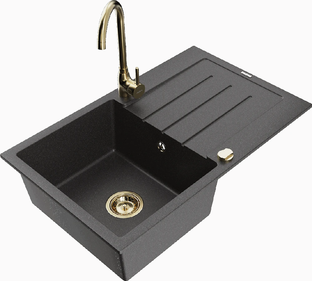 Granitinė virtuvinė plautuvė Mexen Bruno su maišytuvu ir sifonu, Juodas granite+Gold