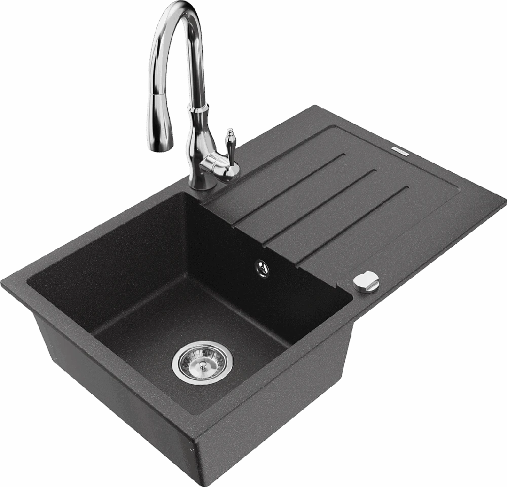 Granitinė virtuvinė plautuvė Mexen Bruno su maišytuvu ir sifonu, Juodas granite+Chrome