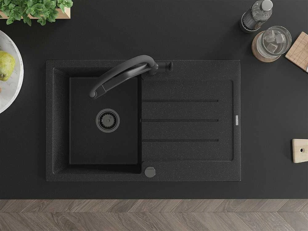 Granitinė virtuvinė plautuvė Mexen Bruno su maišytuvu ir sifonu, Metallic juodas/sidabrinis+Juodas
