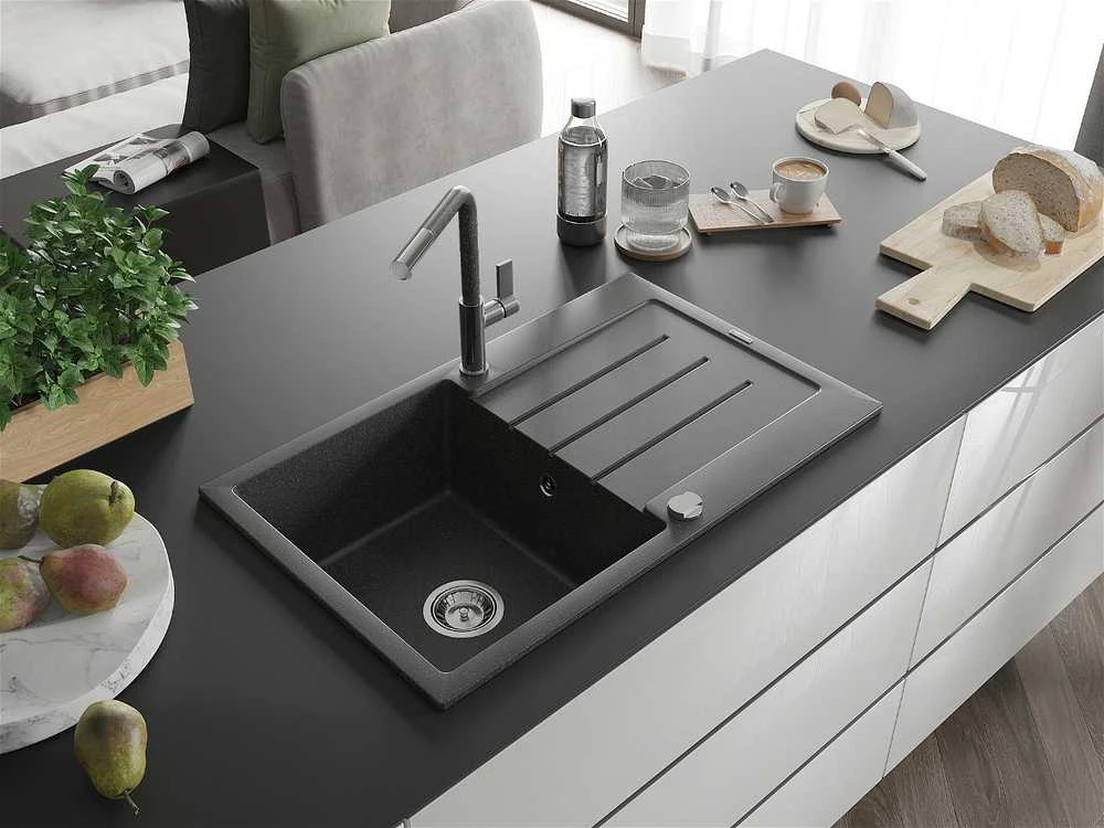 Granitinė virtuvinė plautuvė Mexen Bruno su maišytuvu ir sifonu, Juodas granite+Juodas granite/Chrome