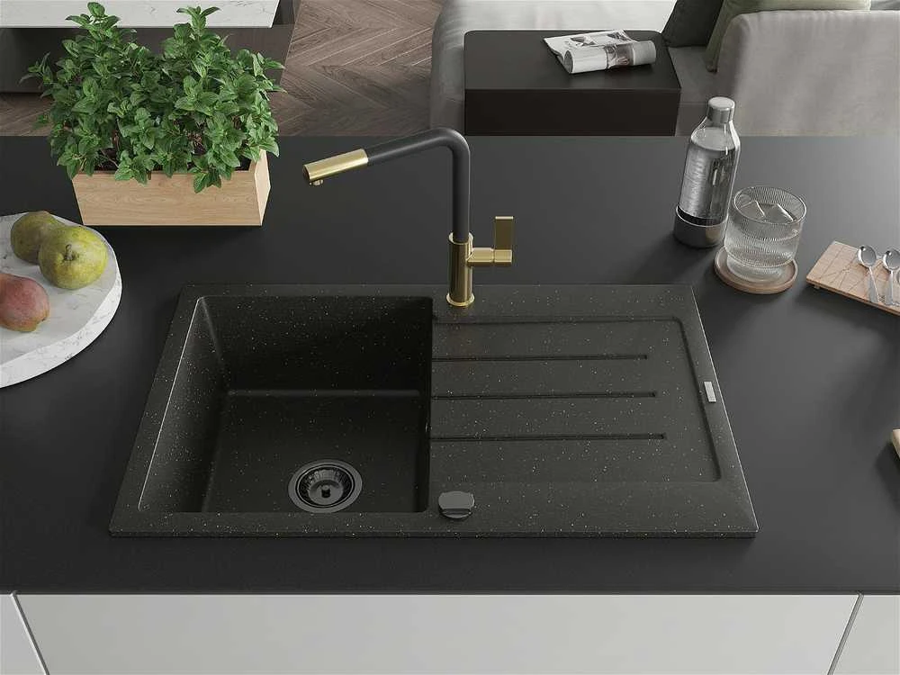 Granitinė virtuvinė plautuvė Mexen Bruno su maišytuvu ir sifonu, Metallic juodas/auksinis+Juodas/Gold