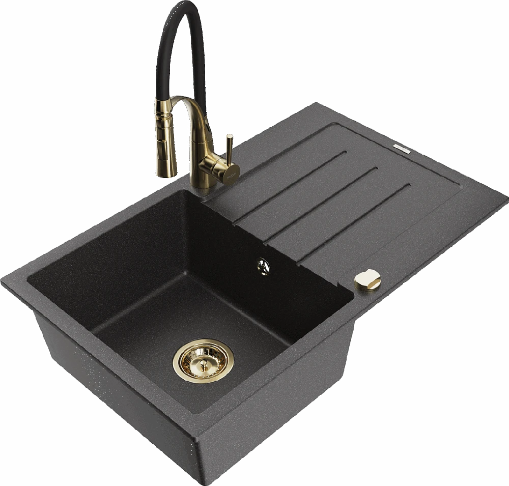 Granitinė virtuvinė plautuvė Mexen Bruno su maišytuvu ir sifonu, Juodas granite+Juodas/Gold