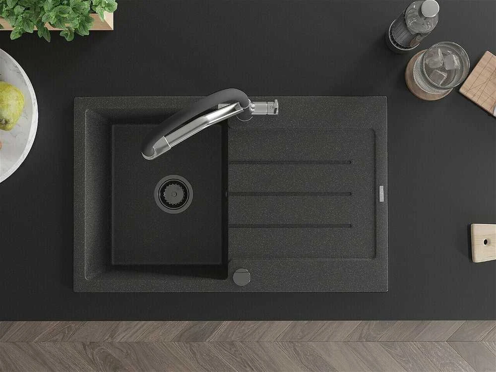 Granitinė virtuvinė plautuvė Mexen Bruno su maišytuvu ir sifonu, Juodas granite+Juodas/Chrome