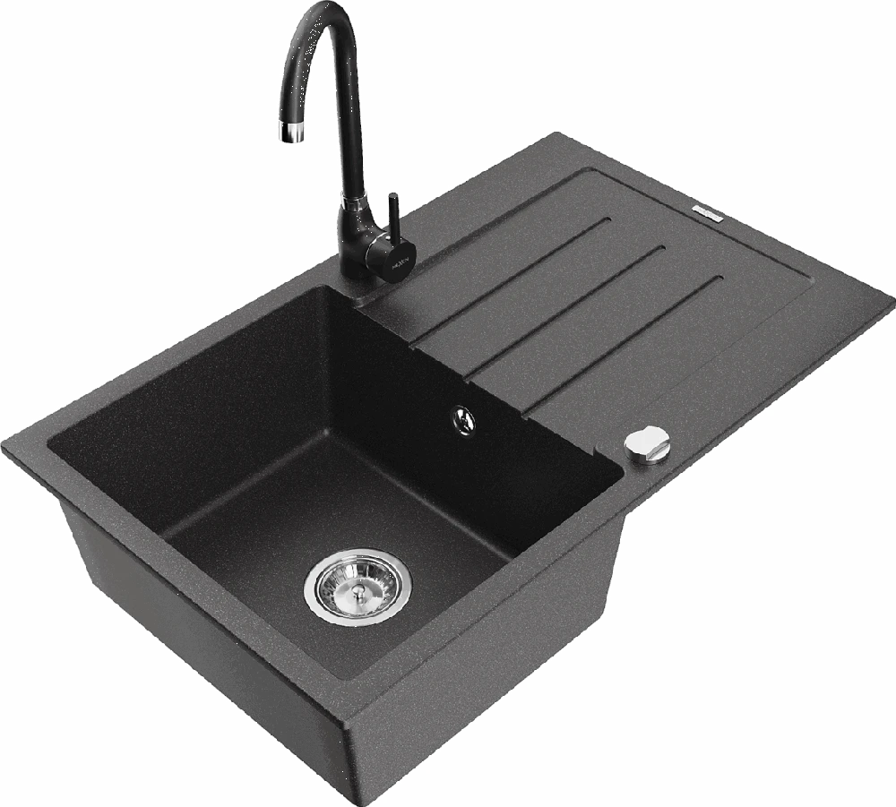Granitinė virtuvinė plautuvė Mexen Bruno su maišytuvu ir sifonu, Juodas granite+Juodas