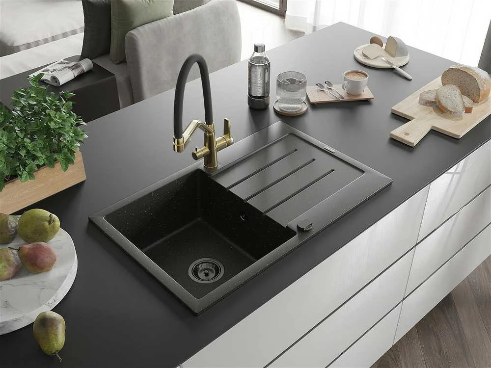 Granitinė virtuvinė plautuvė Mexen Bruno su maišytuvu ir sifonu, Metallic juodas/auksinis+Juodas/Gold