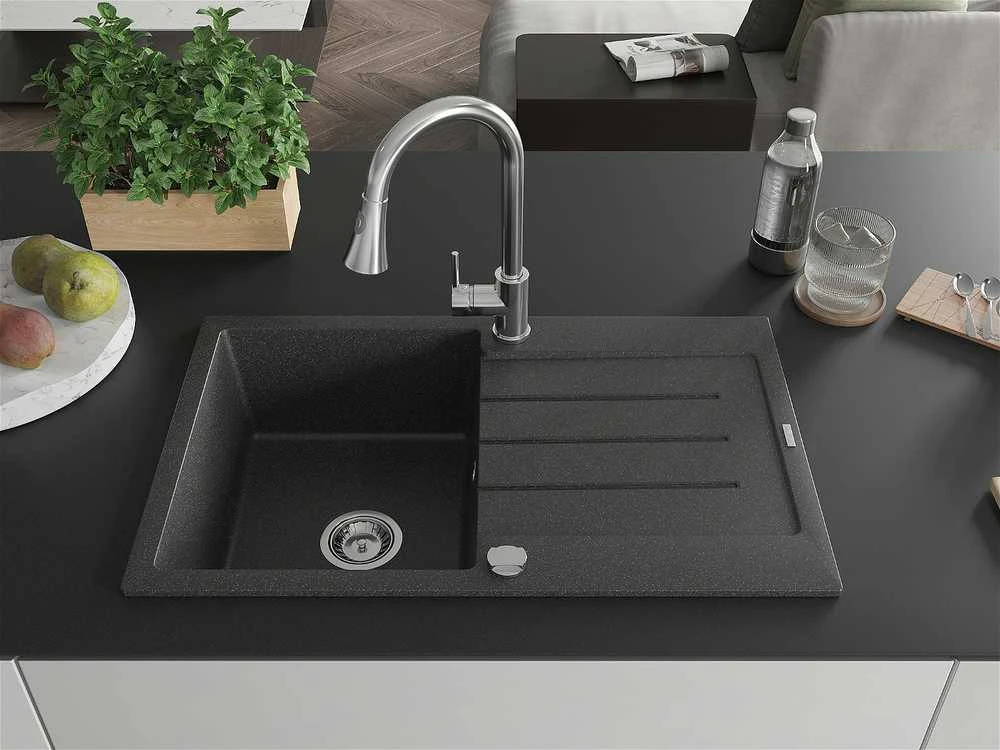 Granitinė virtuvinė plautuvė Mexen Bruno su maišytuvu ir sifonu, Juodas granite+Chrome