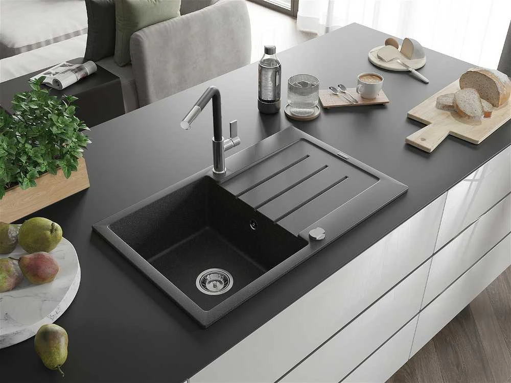 Granitinė virtuvinė plautuvė Mexen Bruno su maišytuvu ir sifonu, Juodas granite+Juodas/Chrome