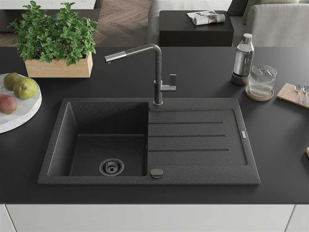Granitinė virtuvinė plautuvė Mexen Bruno su maišytuvu ir sifonu, Juodas granite+Juodas granite/Chrome