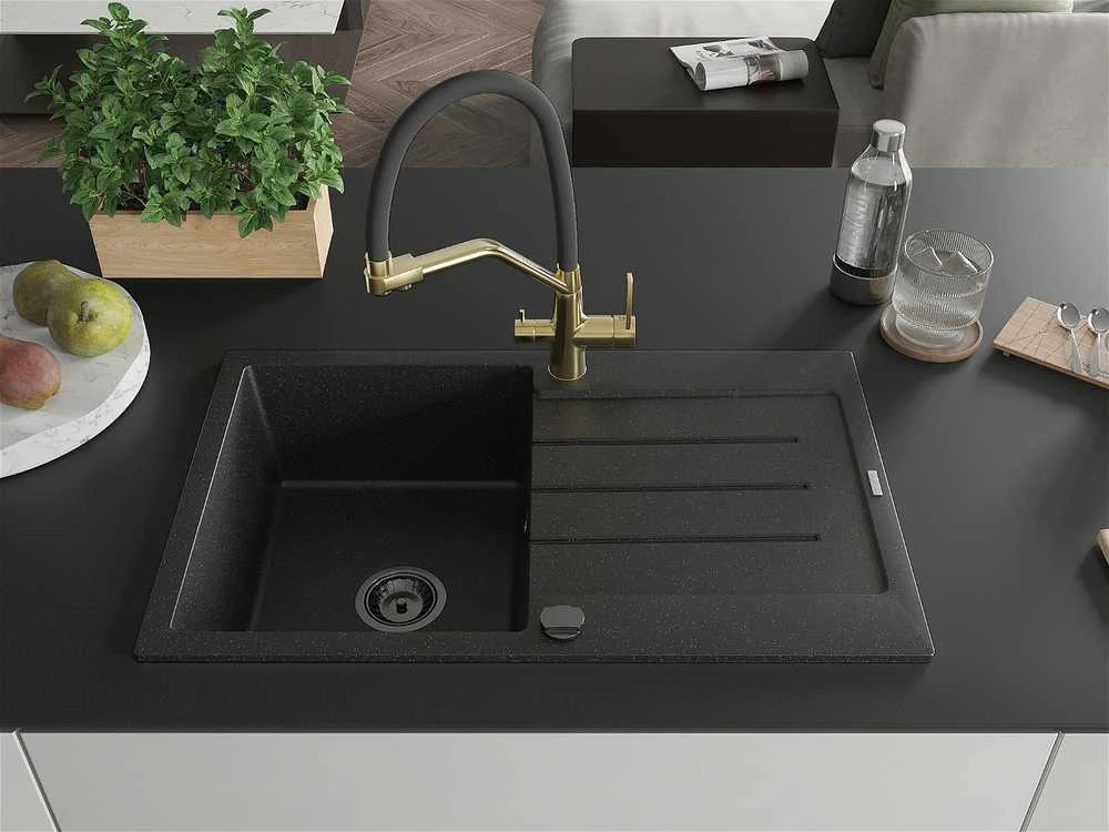 Granitinė virtuvinė plautuvė Mexen Bruno su maišytuvu ir sifonu, Metallic juodas/sidabrinis+Juodas/Gold