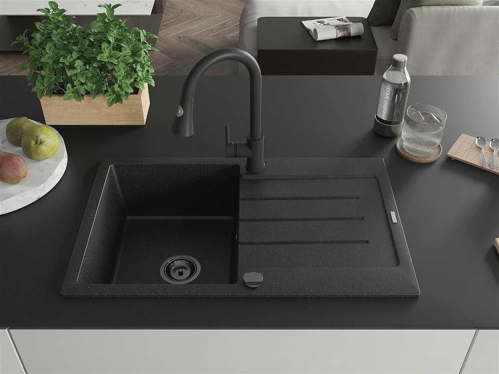 Granitinė virtuvinė plautuvė Mexen Bruno su maišytuvu ir sifonu, Metallic juodas/sidabrinis+Juodas