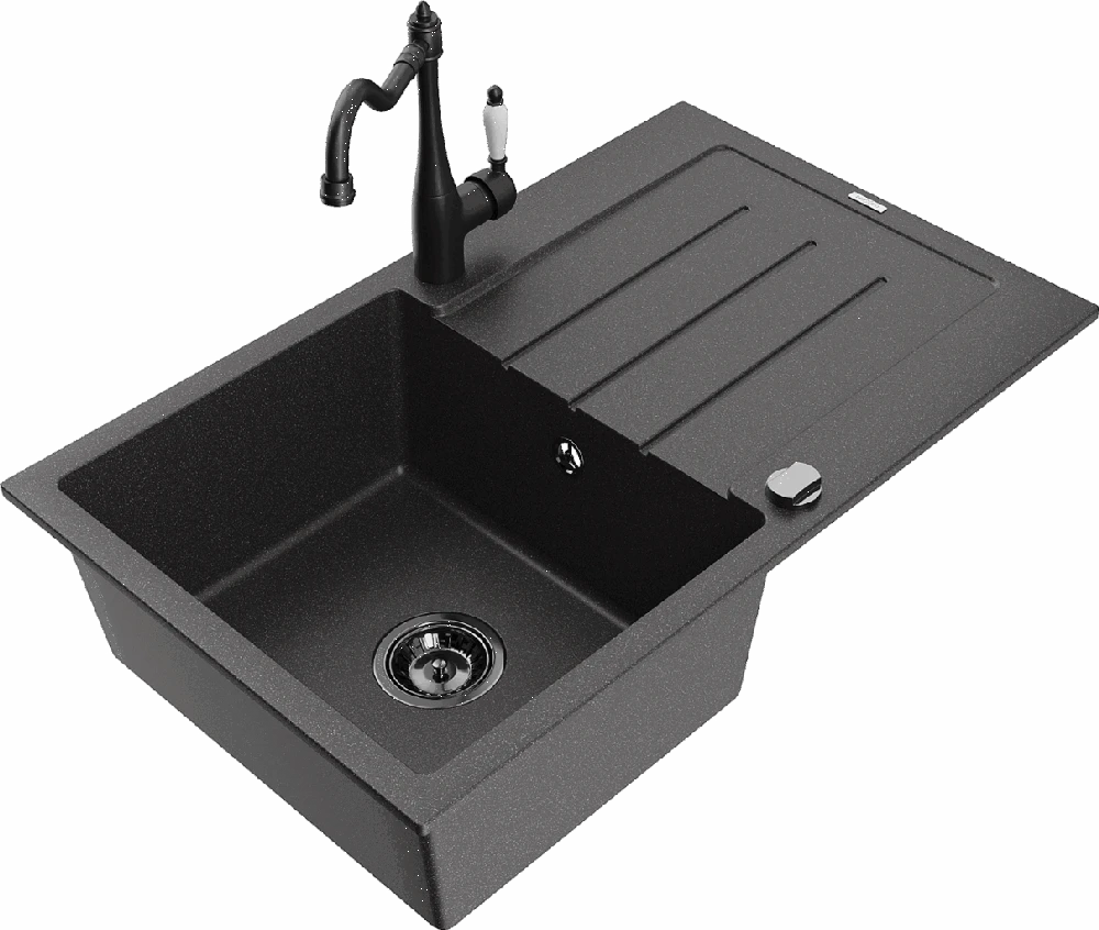 Granitinė virtuvinė plautuvė Mexen Bruno su maišytuvu ir sifonu, Juodas granite+Juodas
