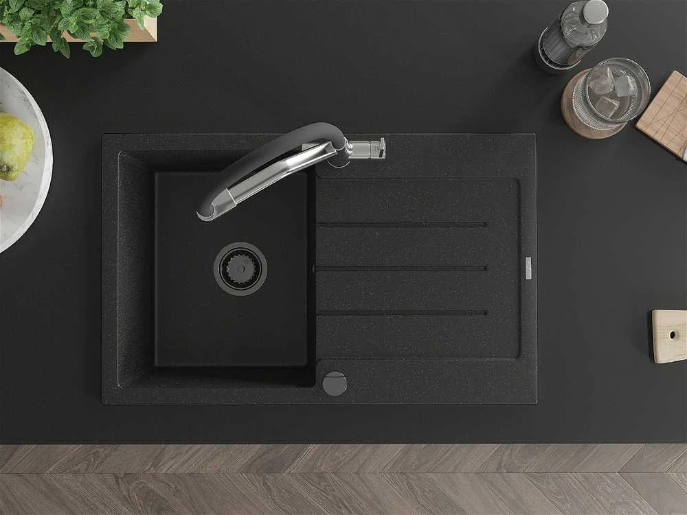 Granitinė virtuvinė plautuvė Mexen Bruno su maišytuvu ir sifonu, Metallic juodas/sidabrinis+Juodas/Chrome