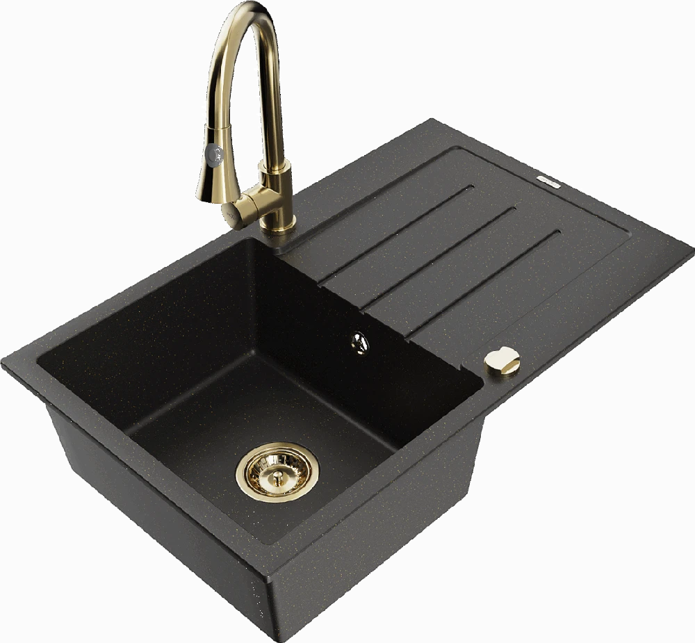 Granitinė virtuvinė plautuvė Mexen Bruno su maišytuvu ir sifonu, Metallic juodas/auksinis+Gold