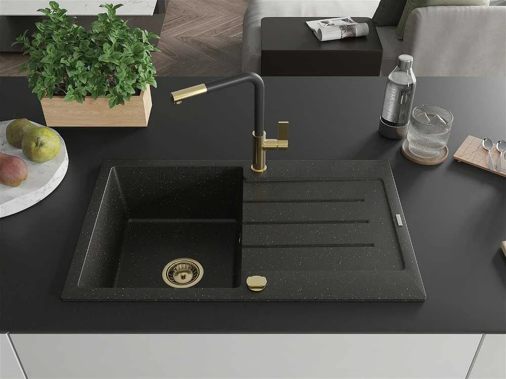 Granitinė virtuvinė plautuvė Mexen Bruno su maišytuvu ir sifonu, Metallic juodas/auksinis+Juodas/Gold